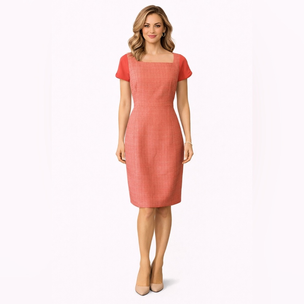 Tahari Dress 8 or 10 Orange Textured Panel Short Sleeve Career Church Sheath